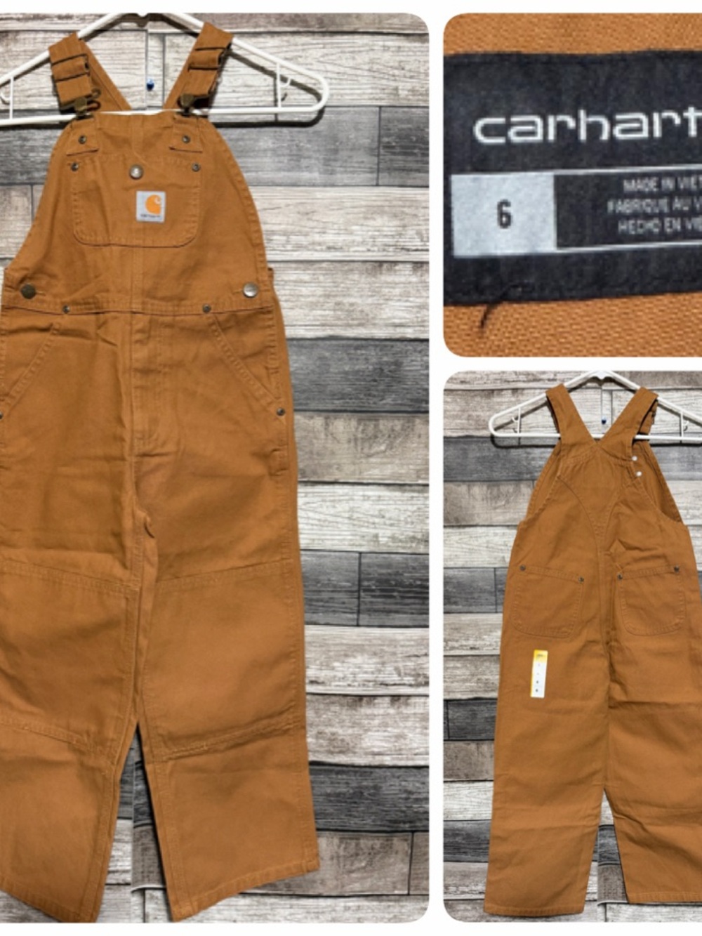 Carhartt Canvas Bib Overalls Kids Size 6 Brown Double Knee Workwear Casual